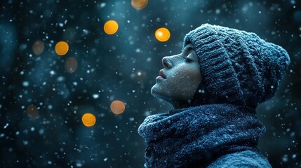 Wall Mural - A young woman in a knitted hat stands in the snow, looking up at the falling snow and the bokeh lights in the background.