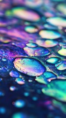 Poster - Colorful water droplets with iridescent hues on a textured surface create a mesmerizing, abstract pattern.