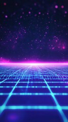 Poster - A vibrant digital landscape showcasing a grid illuminated in blue and pink hues, set against a cosmic backdrop.
