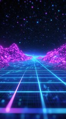 Poster - Futuristic neon landscape with vibrant pink and blue hues, creating a digital highway through a starry night sky.