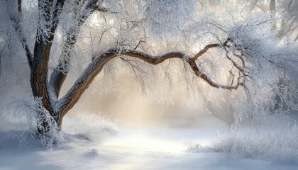 Poster - Frosty Branches of a Tree in a Misty Winter Landscape