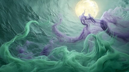 Wall Mural - A surreal blend of lavender and emerald green smoke, curling and intertwining over a textured moonlit sky, creating a dreamy abstract effect.