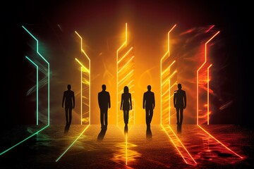 Poster - Silhouetted figures walk towards vibrant neon gateway.