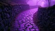 © Vibrant Visions Pixe - A cobblestone path lined by moss-covered stone walls disappears into the purple haze of a misty forest.