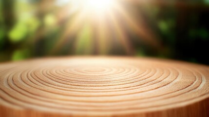 Aufkleber - A close-up of a wooden surface with concentric rings, illuminated by sunlight filtering through a lush, green background.