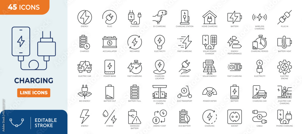 Charging line editable icon set. Containing charge, battery, energy ...