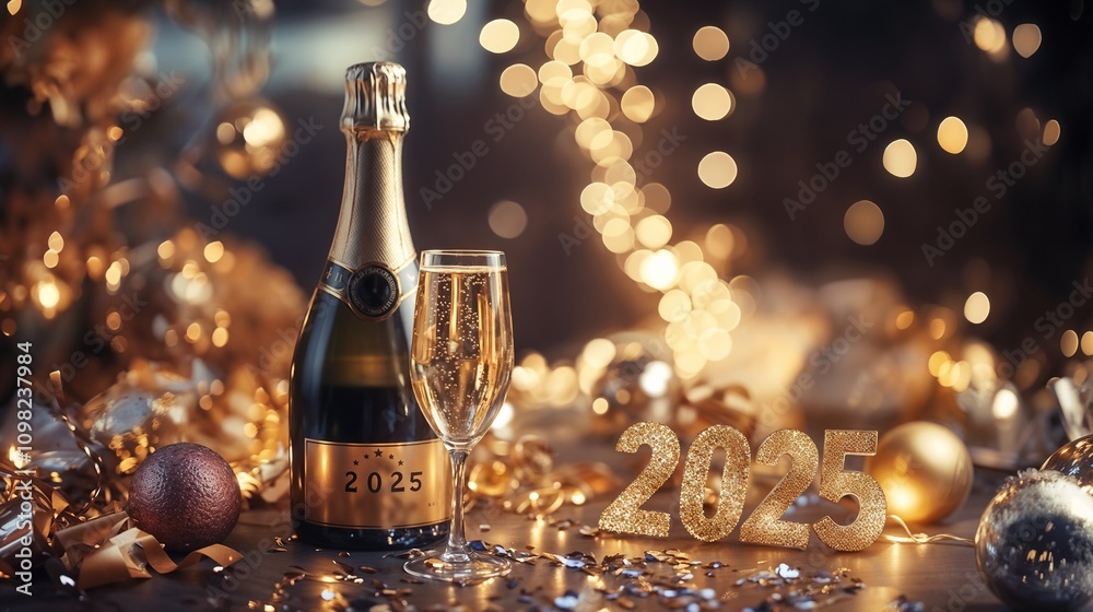 Glamorous New Year 2025 celebration setup with golden accents and ...