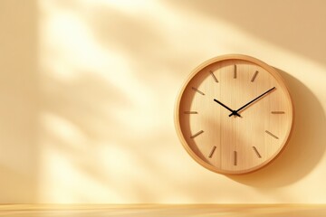Aufkleber - A minimalist wooden clock casts soft shadows on a light wall, creating a serene and tranquil atmosphere.