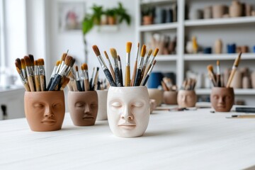 Poster - A collection of artistic brush holders shaped like faces, filled with paintbrushes, set in a bright, creative workspace.