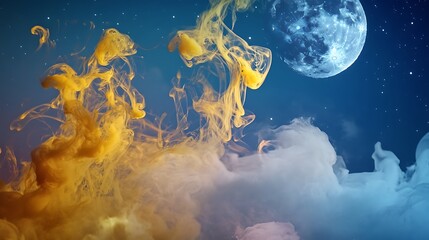 Wall Mural - Ethereal wisps of golden yellow smoke fading into icy white hues, floating delicately over a rich moonlit sky backdrop.