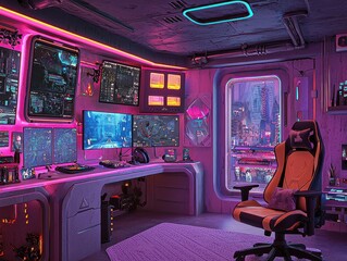 Aufkleber - Futuristic gaming room with vibrant neon lights and multiple screens.