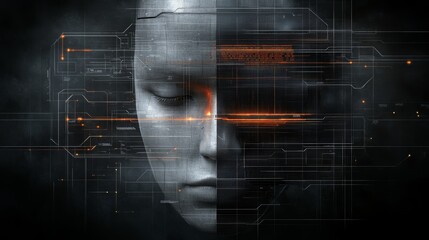 Fototapete - Futuristic woman with digital interface, a vision of innovation and artificial intelligence in virtual reality