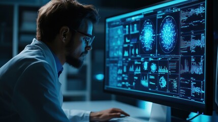 Poster - A scientist analyzes data on a computer screen in a laboratory setting.