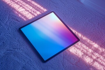 A tablet with a blue screen is sitting on a carpet