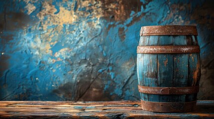 Poster - A rustic wooden barrel sits on a textured blue and brown background.