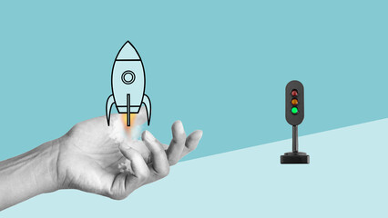 Poster - Let's get started is shown by rocket launch. Startup and creativity
