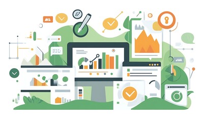 Poster - A digital illustration showcasing data analysis with graphs and charts on a computer screen.