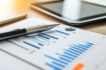 Poster - A pen rests on a financial report with graphs and charts on a wooden desk.