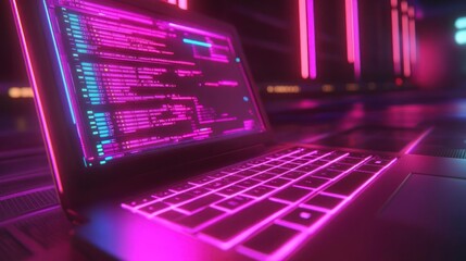 Poster - A glowing laptop displaying code in a futuristic, neon-lit environment.