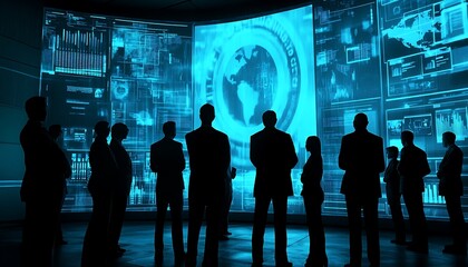 Poster - Silhouetted figures in business attire observing a digital display of global data.