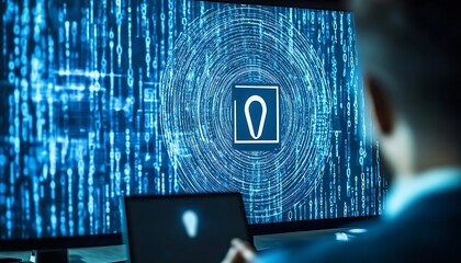 Poster - A person views a digital interface displaying data patterns and a central logo.