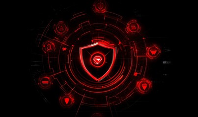 Poster - A futuristic red shield icon surrounded by various security-related symbols.