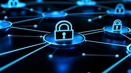 Poster - A digital representation of network security with padlocks connected by lines.