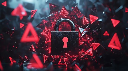 Poster - A locked padlock surrounded by red triangular shapes, symbolizing security and protection.