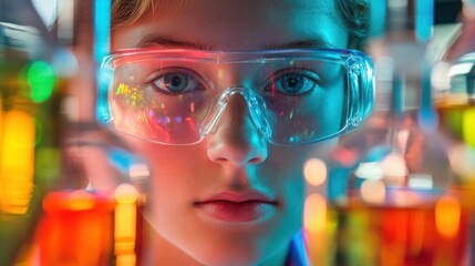 Poster - A young scientist observes colorful liquids in laboratory glassware, showcasing experimentation.