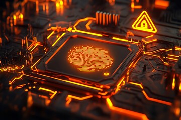 Fototapete - A close-up of a futuristic circuit board with glowing orange elements and a central design.