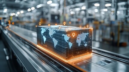 Fototapete - Illuminated shipping container with a world map design resting on a rail surrounded by pin shaped nodes forming a futuristic global network