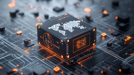 Fototapete - Futuristic illuminated shipping box with a world map design sitting on a high tech rail system surrounded by glowing network nodes representing the future of global logistics and transportation