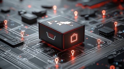Fototapete - Glowing World Map Shipping Box Atop a Rail Network Surrounded by Bright Pin Shaped Nodes Symbolizing International Logistics and Global Connectivity