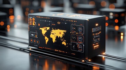 Fototapete - Futuristic shipping box featuring a glowing world map design placed on a sleek rail system illuminated by interconnected pin nodes representing the of technology and global logistics