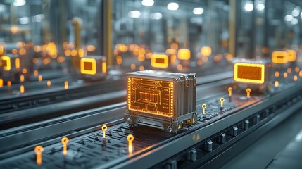 Poster - Brightly glowing shipping box resting on a digitized rail network with radiant pin nodes forming a dynamic grid