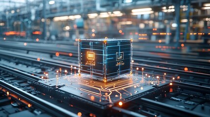 Poster - Radiant glowing shipping box on a rail network with a digital grid of pin nodes forming a futuristic infrastructure for global connectivity and data communication