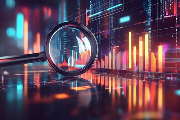 Poster - A magnifying glass over a digital data visualization with colorful graphs and charts.