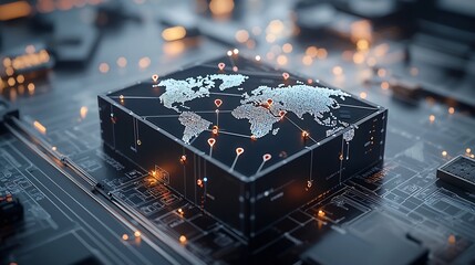 Fototapete - Glowing World Map Design on a Modern Shipping Container Resting Atop an Illuminated Rail with Interconnected Pin Shaped Nodes Symbolizing Global Trade Logistics and Digital Connectivity