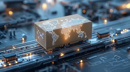 Poster - A modern shipping box with a glowing world map design resting on an illuminated rail system with interconnected pin shaped nodes representing the global transportation and logistics industry