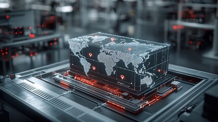Fototapete - Luminous World Map Design Printed on Shipping Box Placed on High Tech Rail Surrounded by Glowing Pin Shaped Network Nodes Representing Global Connectivity and Logistics