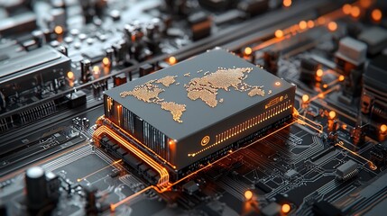 Fototapete - A luminous and futuristic world map design displayed on a shipping box placed on a high tech rail surrounded by glowing pin shaped network nodes
