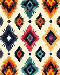Poster - A vibrant textile pattern featuring colorful diamond shapes. The intricate design showcases a unique blend of traditional and modern styles.