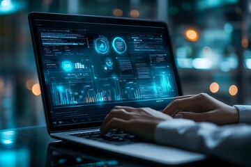 Poster - A person typing on a laptop displaying futuristic data analytics and visualizations.