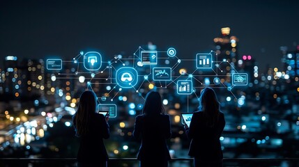 Aufkleber - Interconnected Silhouettes of Business Professionals in a Dynamic Network of Communication and the Digital and Technological Aspect of Corporate Teamwork and Workflow
