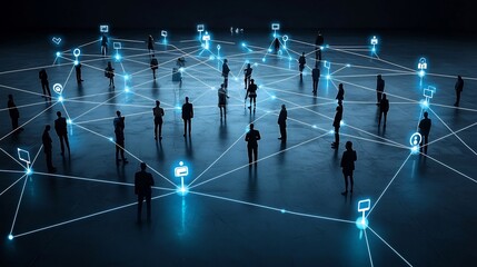 Poster - silhouetted professionals linked through glowing network lines and dots symbolizing modern technolog