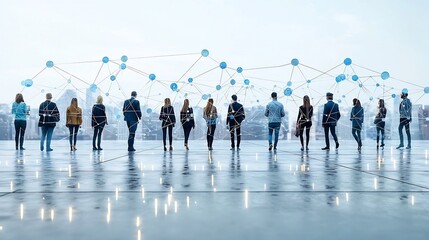 Poster - vibrant business silhouette network connected by luminous lines and dots representing the diversity 
