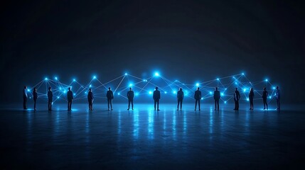 Fototapete - Silhouetted figures of a diverse professional team connected by glowing lines and dots forming a digital network pattern symbolizing digital technology