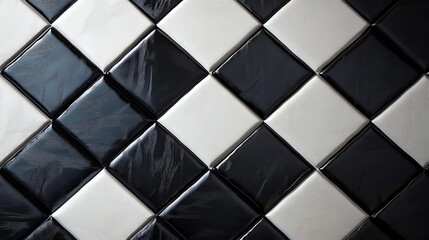 Poster - A close-up view of a modern black and white tile pattern, featuring glossy ceramic squares arranged in a stylish diagonal design.