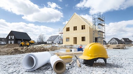 Poster - Unfinished wooden house structure with scaffolding surrounded by construction materials and tools in a tranquil rural countryside setting filled with lush greenery and natural elements