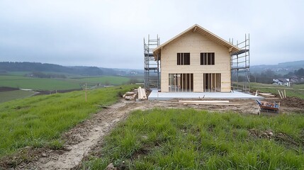 Poster - Unfinished Wooden House Structure with Scaffolding and Tools Set Against Serene Countryside Backdrop at Remote Rural Construction Site